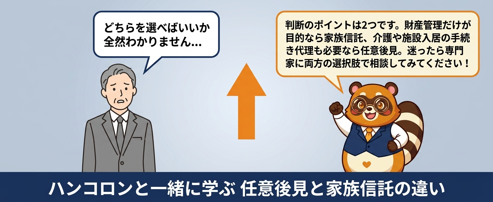 ハンコロンと一緒に学ぶ 任意後見と家族信託の違い